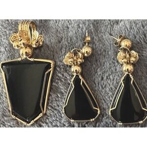 Vintage Artisan Black Agate Pendant& Earring Set Gold Tone Jewelry
